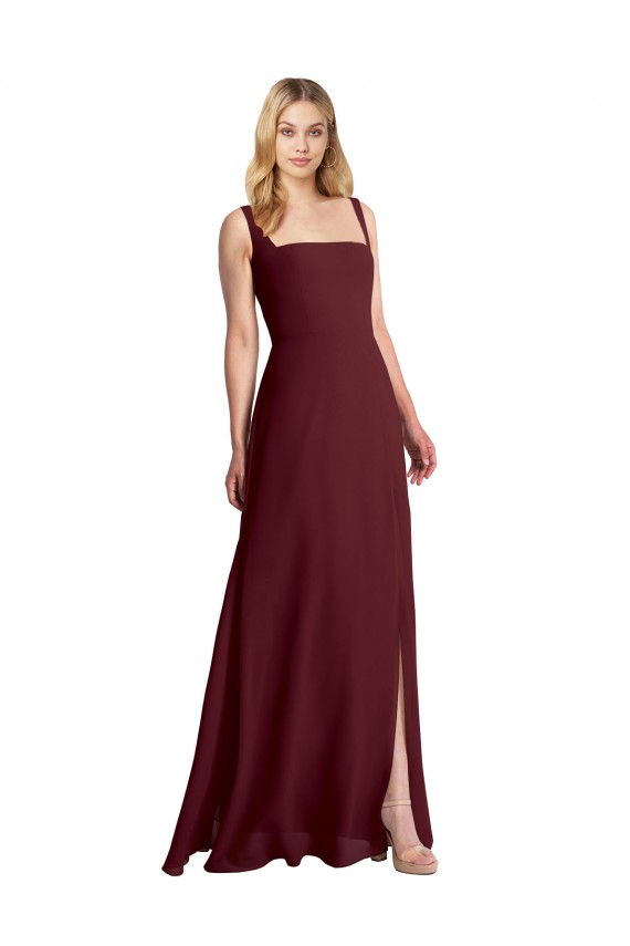 Discount Square Neckline Soft A-Line Chiffon Bridesmaid Dress with Side Slit