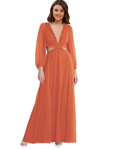 Discount High Low Ruffled Long Chiffon Cutout Bishop Sleeves Maxi Bridesmaid Dress