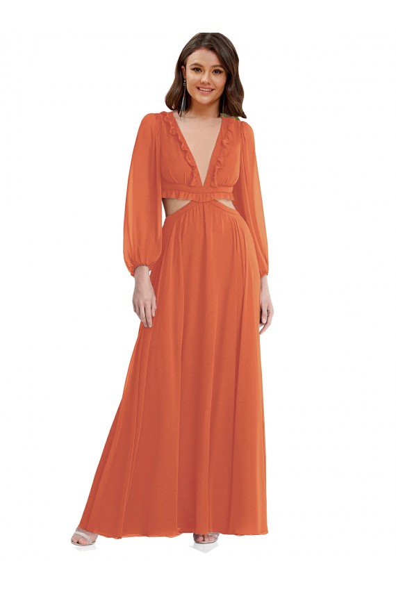 Discount High Low Ruffled Long Chiffon Cutout Bishop Sleeves Maxi Bridesmaid Dress