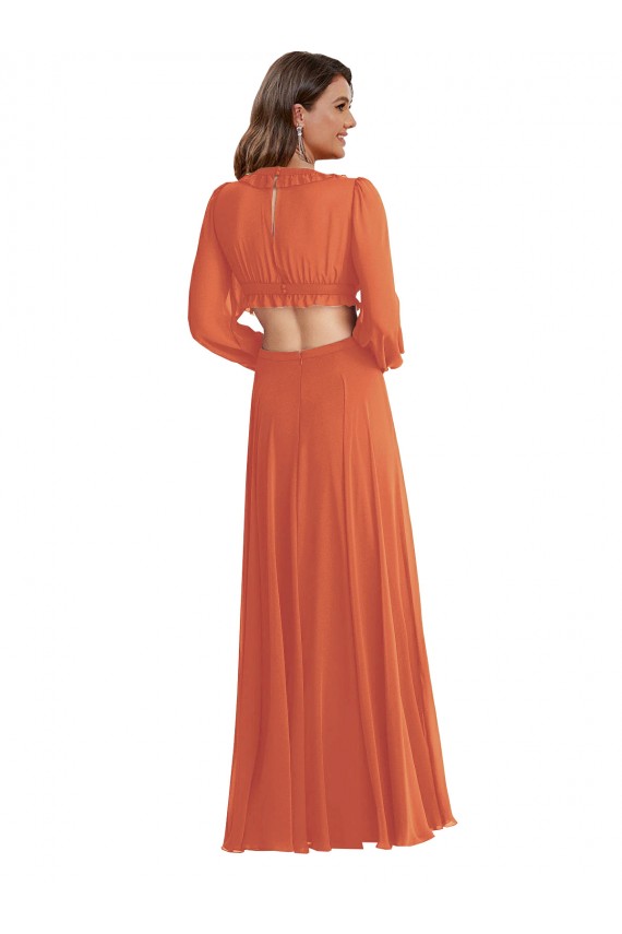Discount High Low Ruffled Long Chiffon Cutout Bishop Sleeves Maxi Bridesmaid Dress