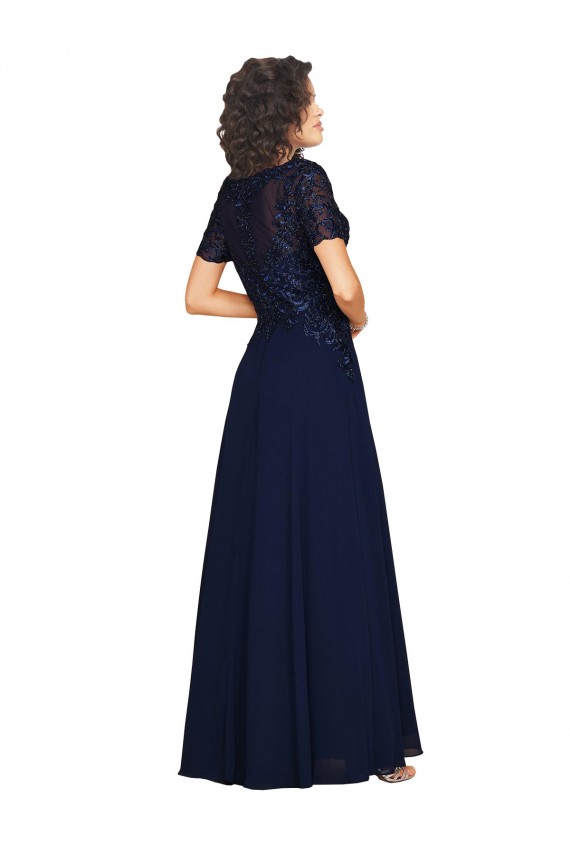 Discount Short Sleeves A-Line Long Chiffon Bridesmaid Dress / Prom Dress with Beaded Bodice