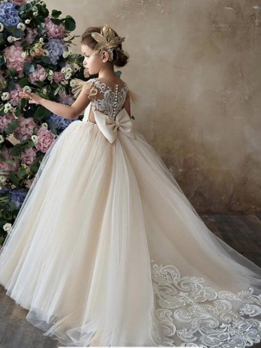 Discount Champagne Ball Gown Sweetheart Chapel Train Sleeveless Flower Girl Dress