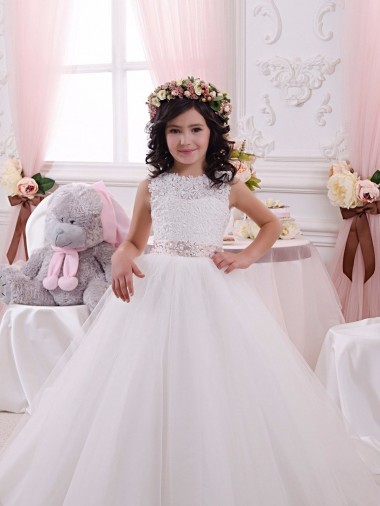 Discount Ivory Ball Gown Bateau Chapel Train Sleeveless Flower Girl Dress