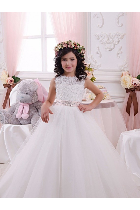 Discount Ivory Ball Gown Bateau Chapel Train Sleeveless Flower Girl Dress