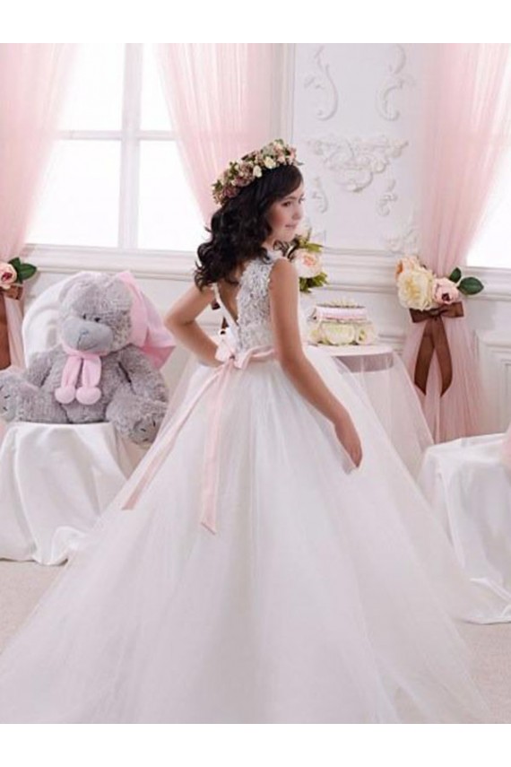 Discount Ivory Ball Gown Bateau Chapel Train Sleeveless Flower Girl Dress