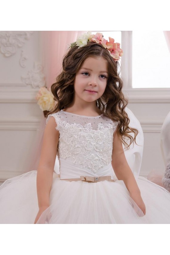 Discount Ivory Ball Gown Bateau Neck Chapel Train Sleeveless Flower Girl Dress