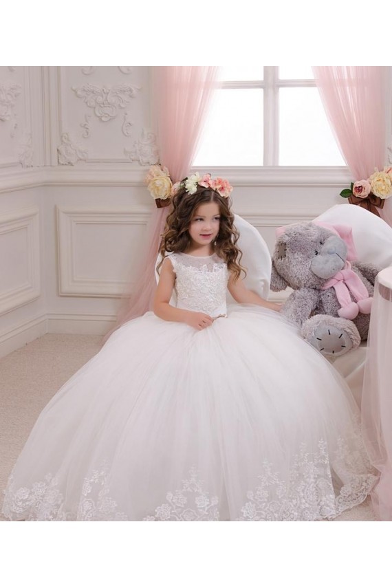 Discount Ivory Ball Gown Bateau Neck Chapel Train Sleeveless Flower Girl Dress