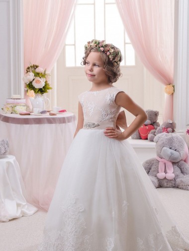 Discount Ivory Ball Gown Bateau Neck Chapel Train V-Back Flower Girl Dress