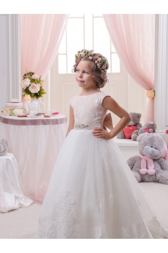 Discount Ivory Ball Gown Bateau Neck Chapel Train V-Back Flower Girl Dress
