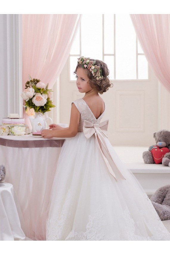 Discount Ivory Ball Gown Bateau Neck Chapel Train V-Back Flower Girl Dress