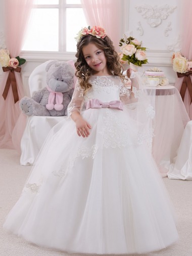 Discount Ivory Ball Gown Bateau Neck Long Chapel Train Sleeveless Flower Girl Dress