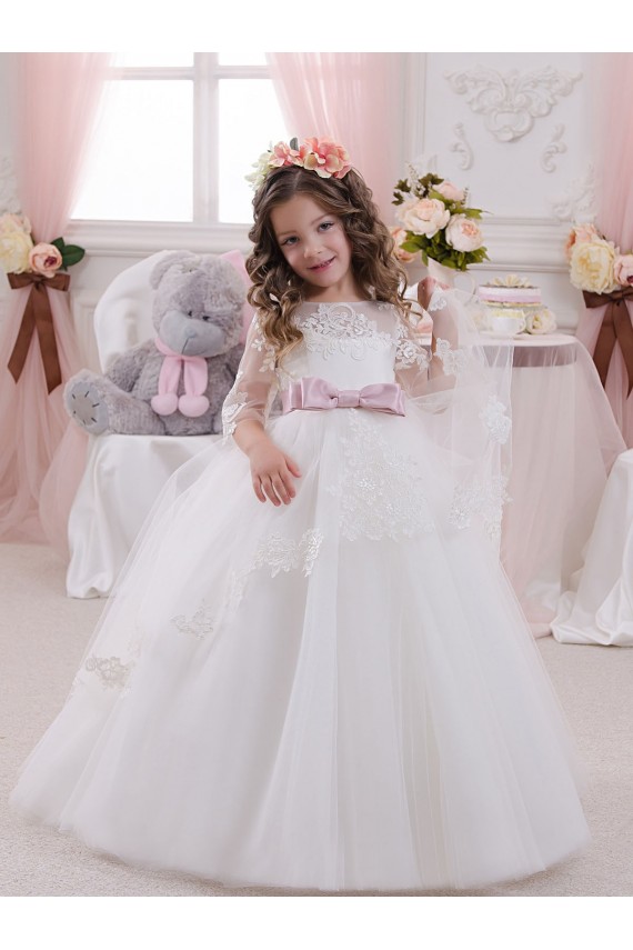 Discount Ivory Ball Gown Bateau Neck Long Chapel Train Sleeveless Flower Girl Dress