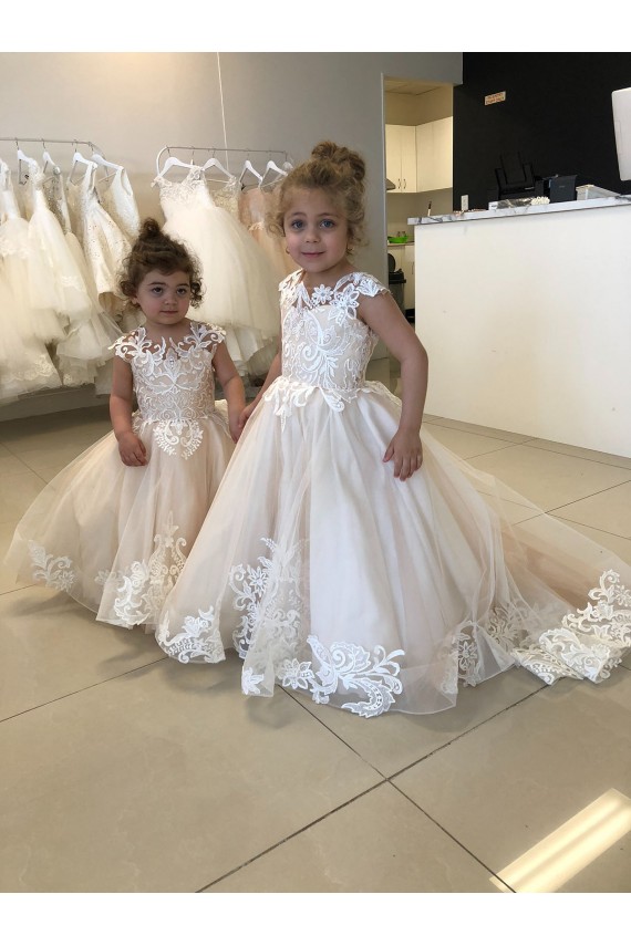 Discount Ivory Ball Gown Chapel Train Sleeveless V-Back Flower Girl Dress