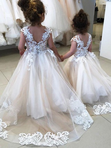 Discount Ivory Ball Gown Chapel Train Sleeveless V-Back Flower Girl Dress