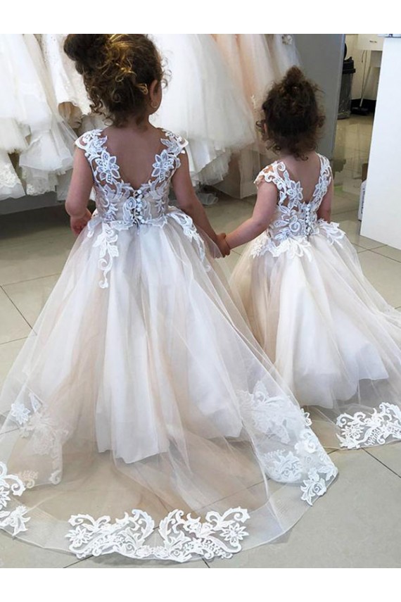Discount Ivory Ball Gown Chapel Train Sleeveless V-Back Flower Girl Dress