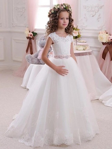 Discount Ivory Ball Gown High Neck Floor Length Keyhole Back Flower Girl Dress