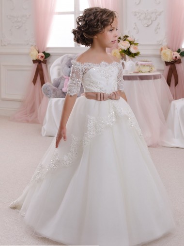 Discount Ivory Ball Gown High Neck Floor Length Short Sleeve Flower Girl Dress