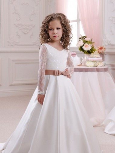 Discount Ivory Ball Gown V-Neck Chapel Train Long Sleeve Flower Girl Dress