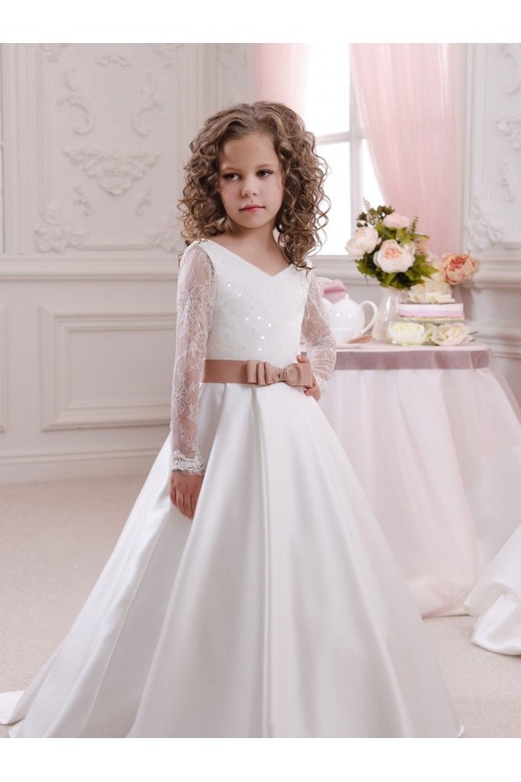 Discount Ivory Ball Gown V-Neck Chapel Train Long Sleeve Flower Girl Dress