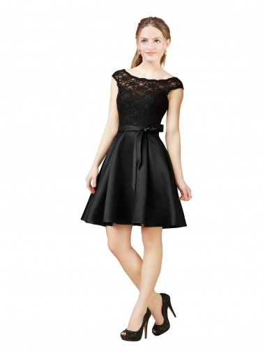 Discount Lace and Satin Cocktail Bridesmaid Dress with V-Back