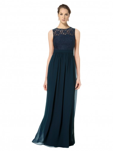 Discount Long Chiffon Bridesmaid Dress with Lace Sleeveless Bodice and Keyhole Back