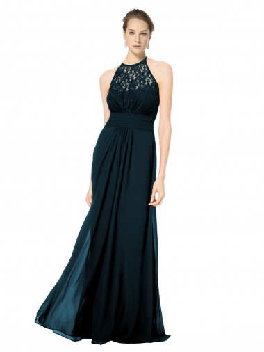 Discount Lace Halter Bodice Long Chiffon Bridesmaid Dress