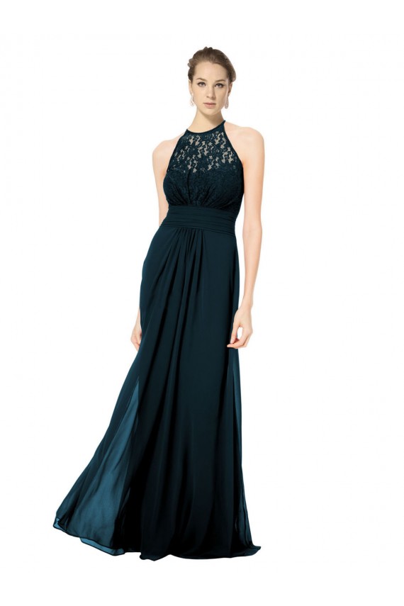 Discount Lace Halter Bodice Long Chiffon Bridesmaid Dress