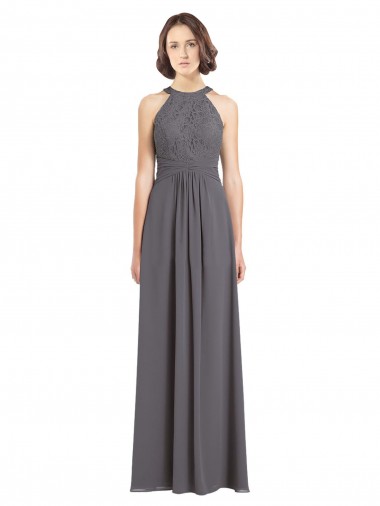 Discount Long Chiffon Bridesmaid Dress with Corded Lace Bodice