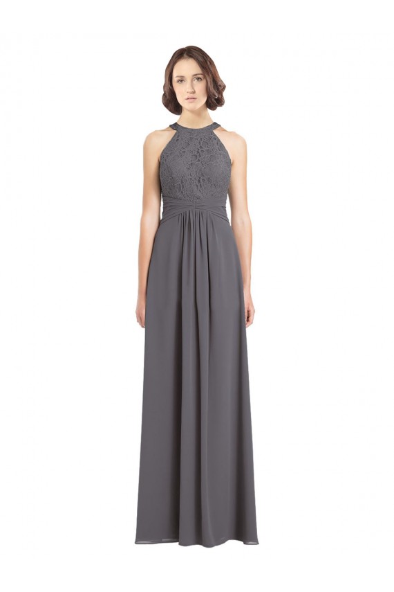Discount Long Chiffon Bridesmaid Dress with Corded Lace Bodice