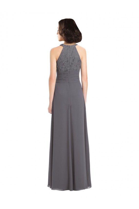 Discount Long Chiffon Bridesmaid Dress with Corded Lace Bodice