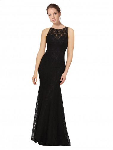 Discount Fitted Lace Bridesmaids Dress with Jewel Neckline and Open Back