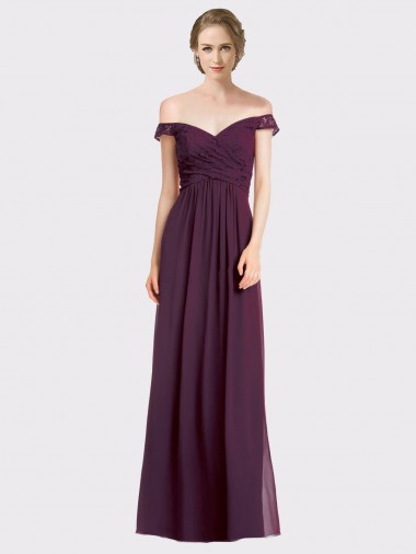 Discount Sweetheart Long Bridesmaid Dress with Off the Shoulder Cap Sleeve Lace Bodice