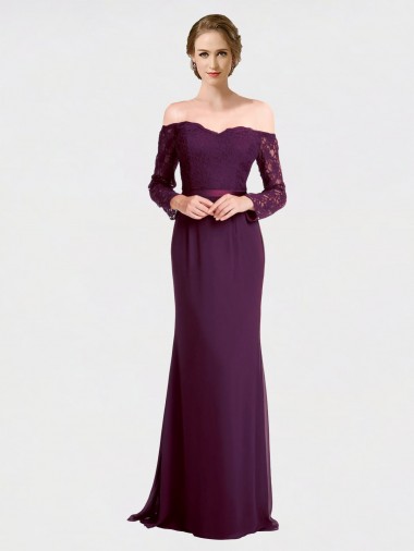 Discount Full Length Long Bridesmaid Dress with Lace Off The Shoulder Bodice
