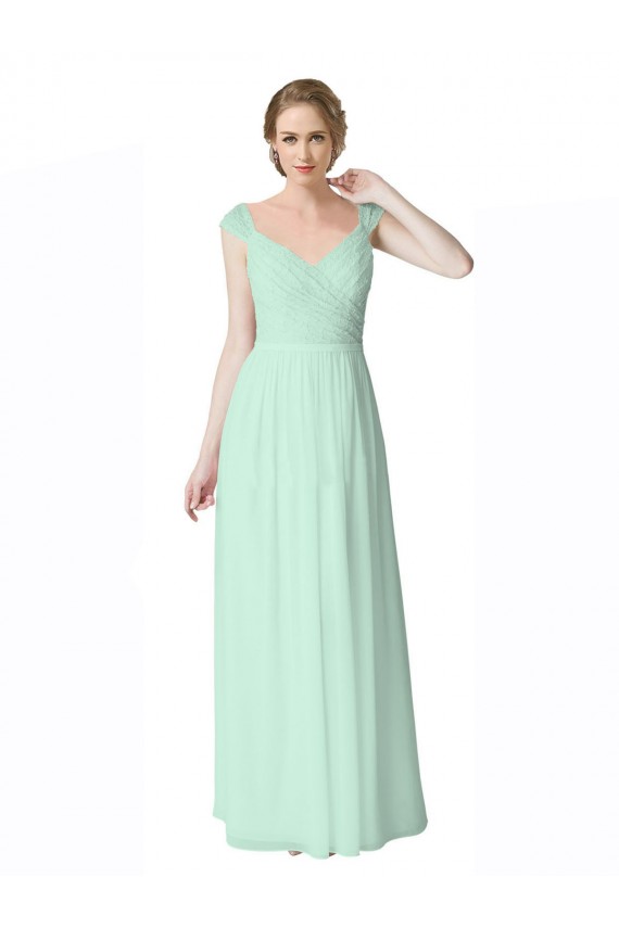 Discount Long Chiffon Bridesmaid Dress with Corded Lace V-Neck Bodice