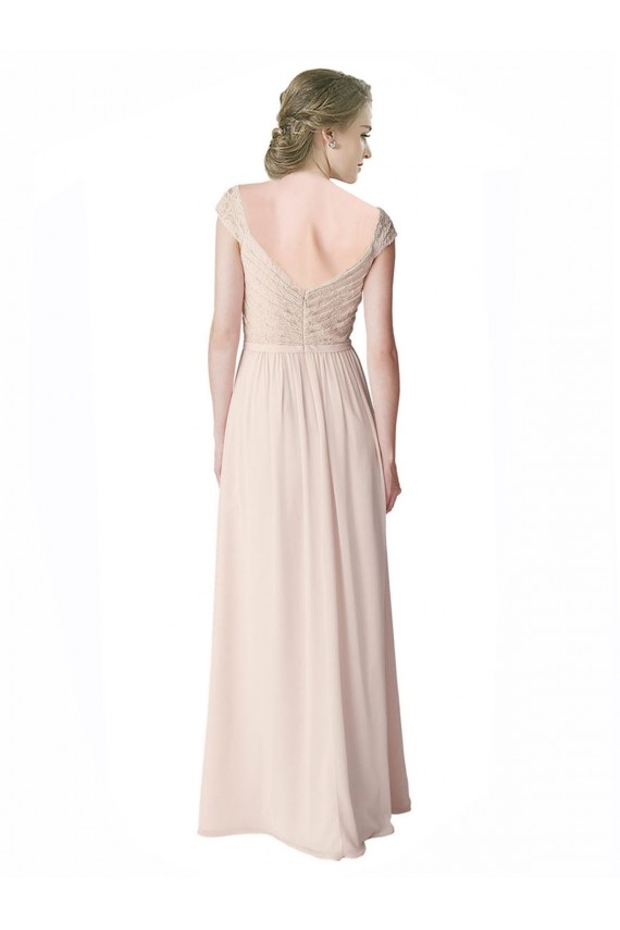 Discount Long Chiffon Bridesmaid Dress with Corded Lace V-Neck Bodice