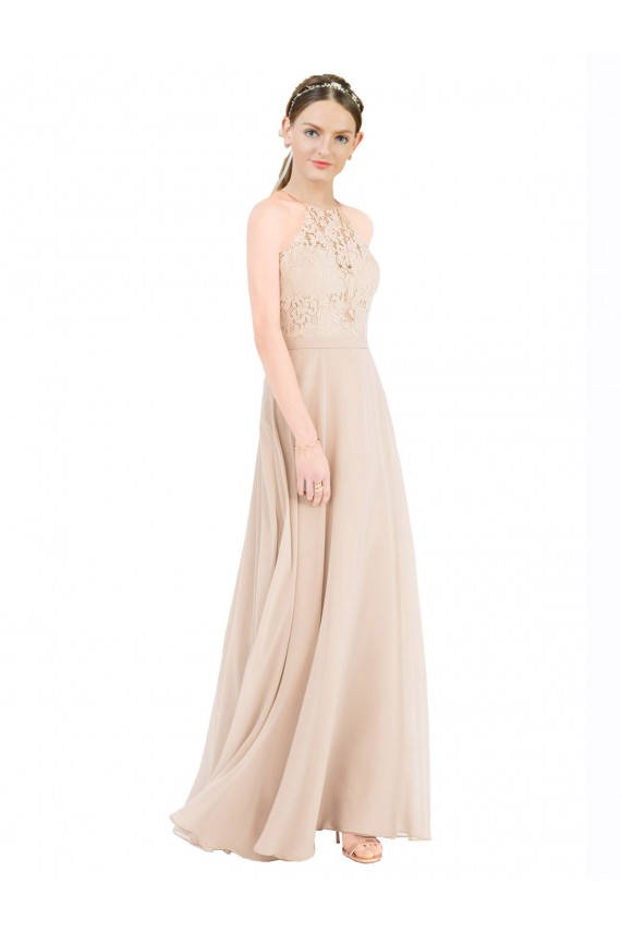 Discount High Halter Neck Illusion Lace Bridesmaid Dress / Prom Dress with Chiffon Skirt and Keyhole Back