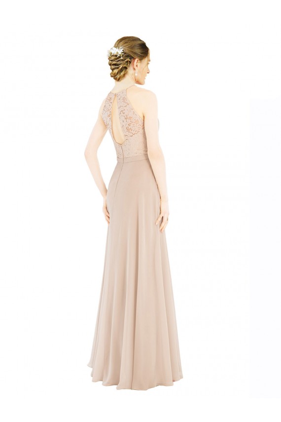 Discount High Halter Neck Illusion Lace Bridesmaid Dress / Prom Dress with Chiffon Skirt and Keyhole Back