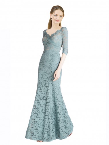 Discount Half Sleeves Pleated Lace Bridesmaid Dress / Prom Dress with Wrap-Around Portrait Neckline