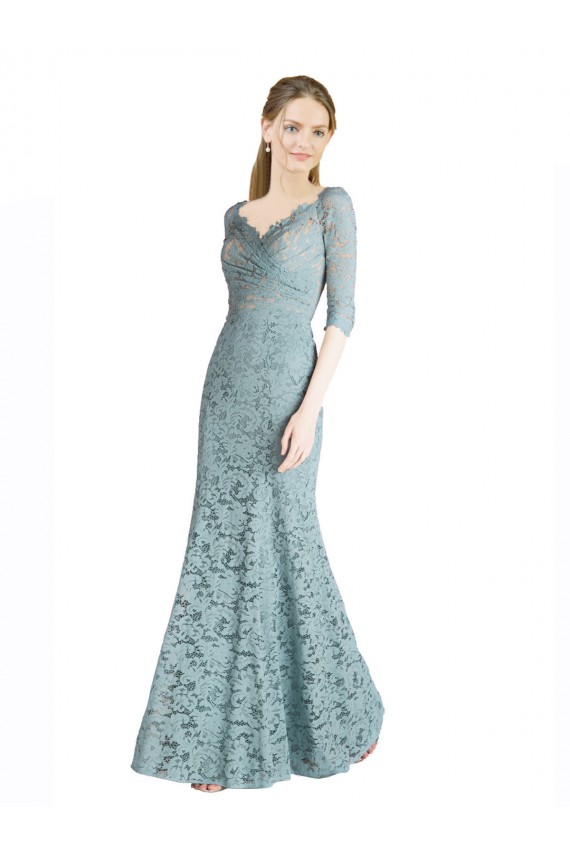 Discount Half Sleeves Pleated Lace Bridesmaid Dress / Prom Dress with Wrap-Around Portrait Neckline