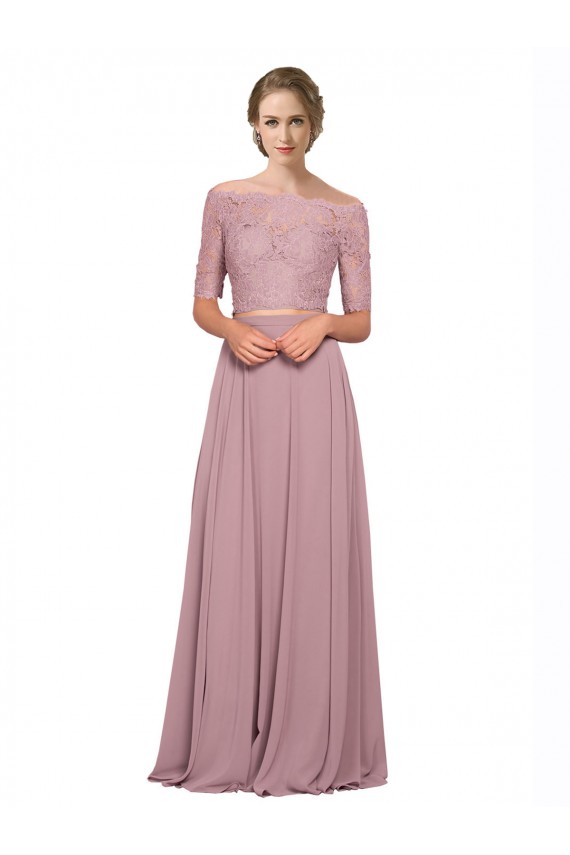 Discount Off the Shoulder Lace Crop Top A-Line Chiffon Bridesmaid Dress / Prom Dress