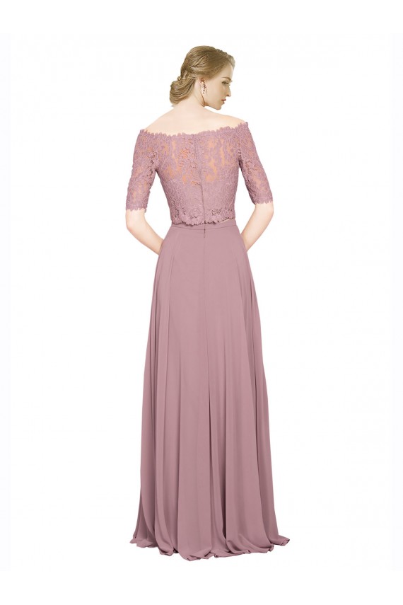 Discount Off the Shoulder Lace Crop Top A-Line Chiffon Bridesmaid Dress / Prom Dress