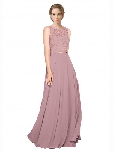 Discount Long A-Line Chiffon Bridesmaid Dress / Prom Dress with Sleeveless Lace Crop Top