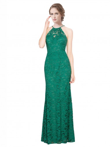 Discount High Illusion Halter Neck Long Lace Bridesmaid Dress / Prom Dress
