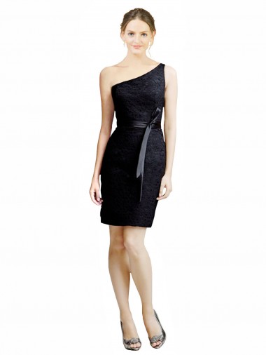 Discount One Shoulder Short Lace Cocktail Bridesmaid Dress with Satin Waistband