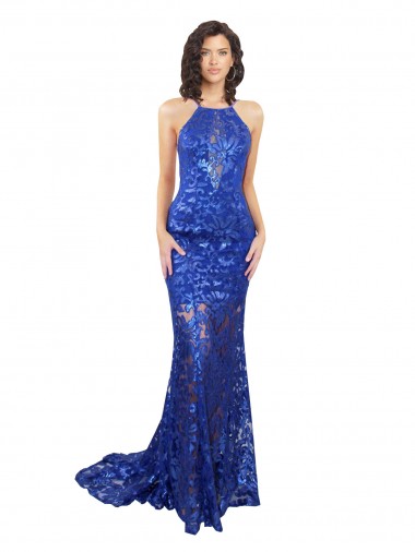 Discount High Neck Long Open Back Lace Bridesmaid Dress / Prom Dress with Train