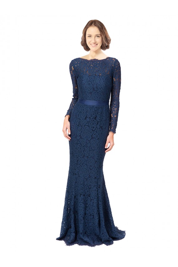 Discount Long Sleeves Floor Length Vintage Lace Bridesmaid Dress with Deep V-Back