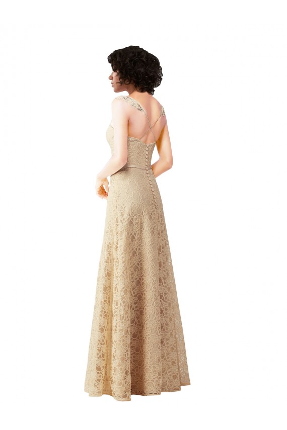 Discount Lace A-Line Long Bridesmaids Dress with Satin Waistband