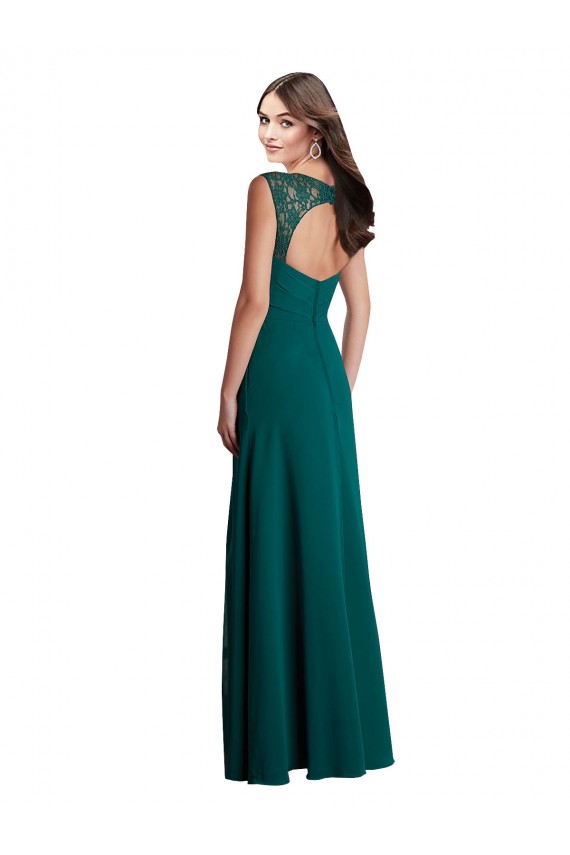 Discount Long A-Line Lace and Chiffon Bridesmaid Dress with Open Back