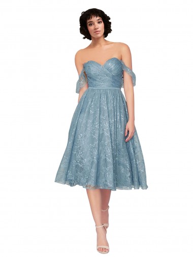 Discount Off the Shoulder Sweetheart Chantilly Lace Midi Length Cocktail Bridesmaid Dress