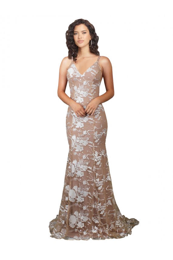 Discount Fishtail Shaped V-Neck Embroidered Foral Lace Wedding Dress